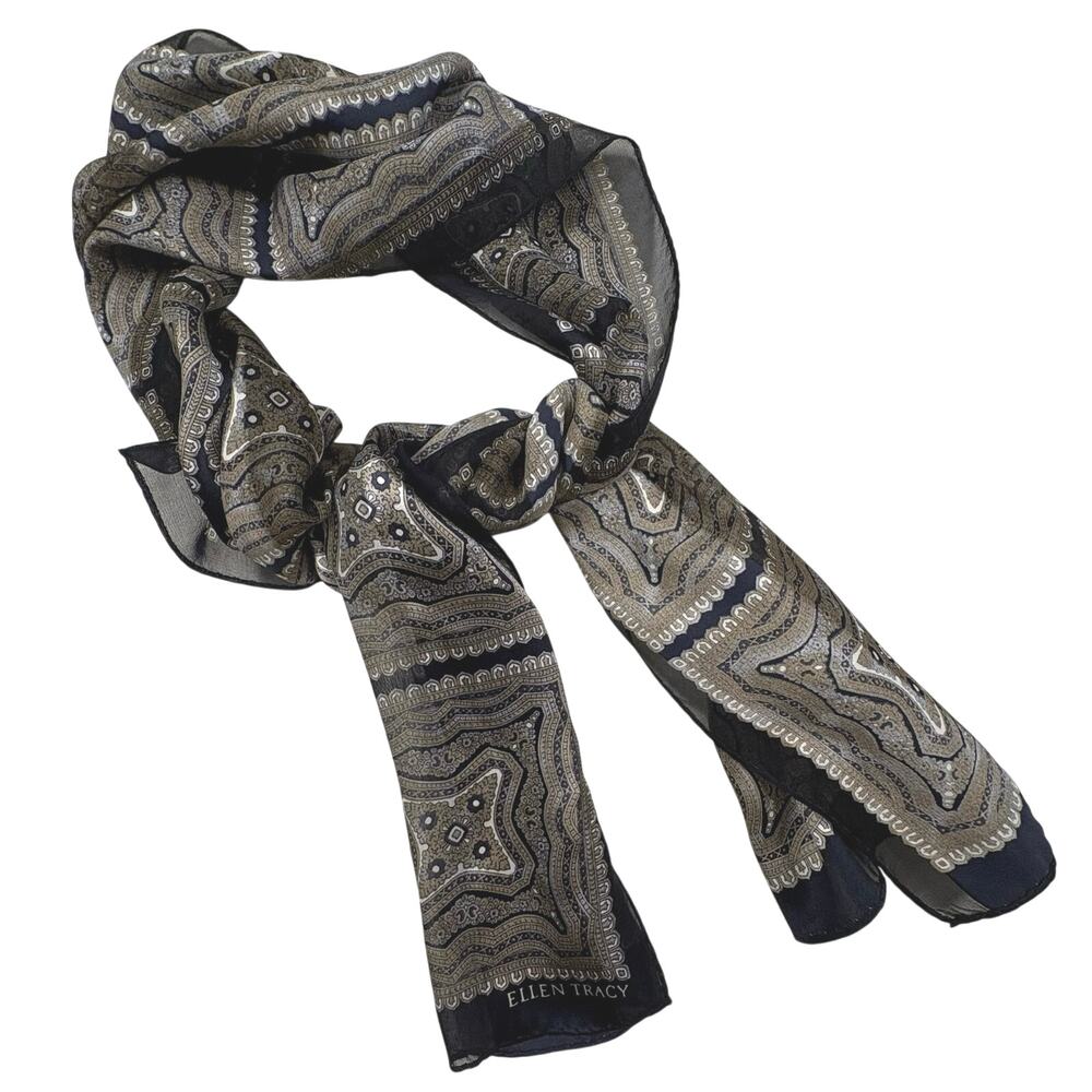 Ellen Tracy Vintage 100% Silk Oblong Scarf Navy Blue Taupe Geometric Print